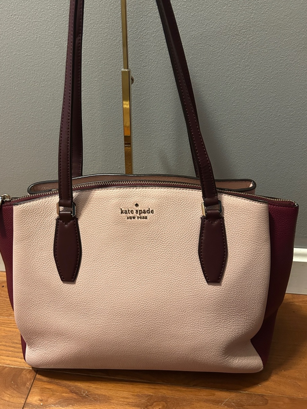 kate spade large Monet triple compartment two-tone pink and burgundy tote
